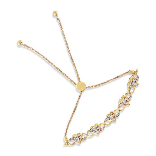 14k Yellow Gold Plated.925 Sterling Silver 1/10 Cttw Diamond Infinity Heart Shaped 4”-10” Adjustable Bolo Bracelet