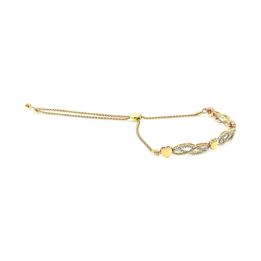 14k Yellow Gold Plated.925 Sterling Silver 1/10 Cttw Diamond Wave and Hearts Bolo Bracelet (i-j Color I2-i3 Clarity)