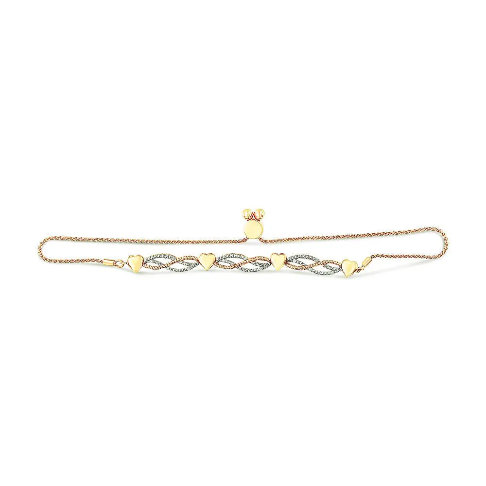 14k Yellow Gold Plated.925 Sterling Silver 1/10 Cttw Diamond Wave and Hearts Bolo Bracelet (i-j Color I2-i3 Clarity)