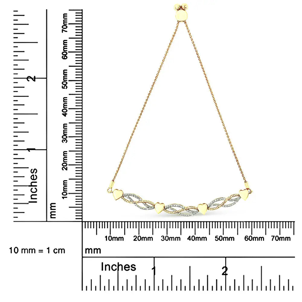 14k Yellow Gold Plated.925 Sterling Silver 1/10 Cttw Diamond Wave and Hearts Bolo Bracelet (i-j Color I2-i3 Clarity)