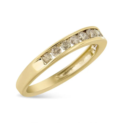 14k Yellow Gold Plated.925 Sterling Silver 1/2 Cttw Channel Set Round Champagne Diamond 11 Stone Band Ring (k-l Color