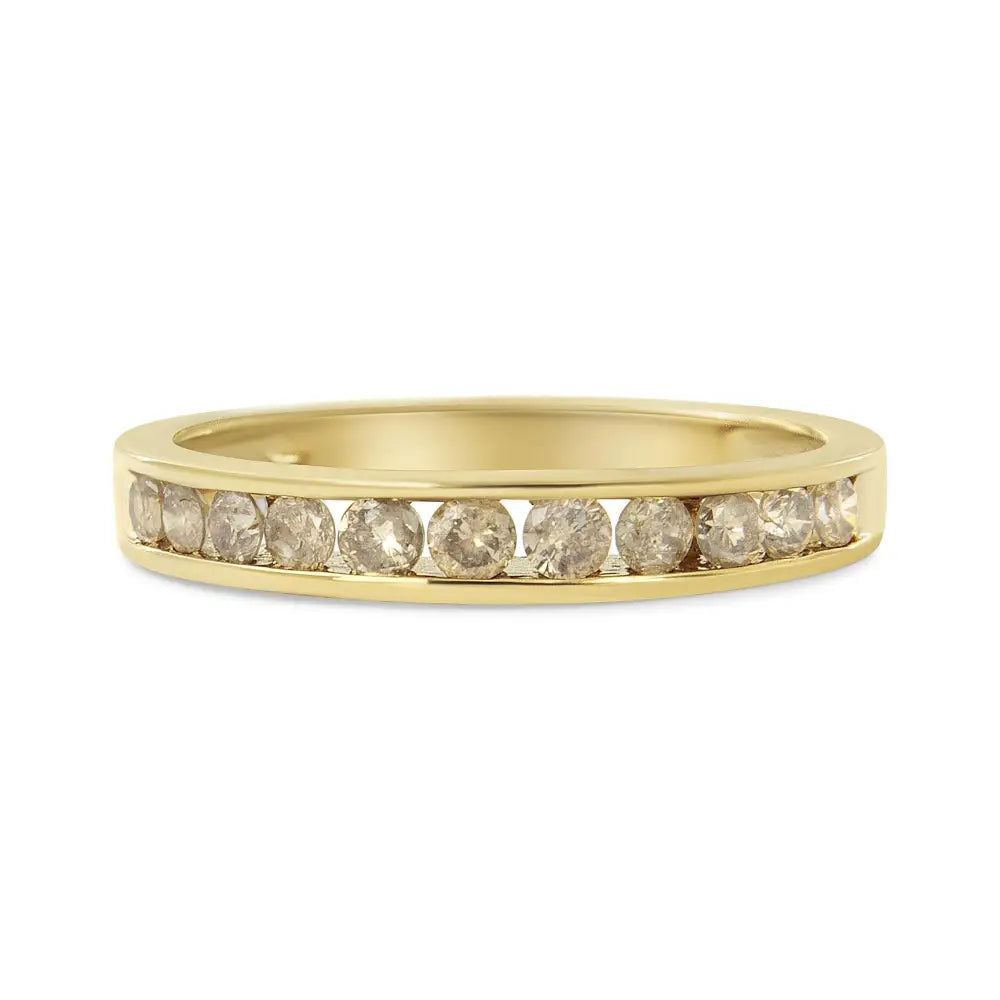 14k Yellow Gold Plated.925 Sterling Silver 1/2 Cttw Channel Set Round Champagne Diamond 11 Stone Band Ring (k-l Color