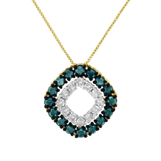 14k Yellow Gold Plated.925 Sterling Silver 1/2 Cttw Color Treated Diamond Square Pendant Necklace (blue I2-i3 Clarity)