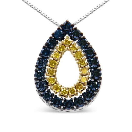 14k Yellow Gold Plated.925 Sterling Silver 1/2 Cttw Treated Blue and Diamond Double Pear Shaped 18’’ Pendant