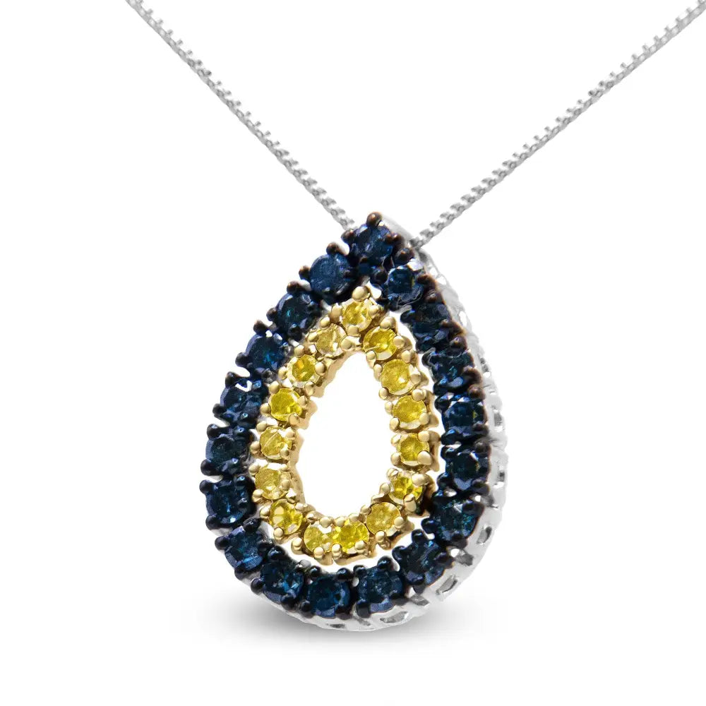 14k Yellow Gold Plated.925 Sterling Silver 1/2 Cttw Treated Blue and Diamond Double Pear Shaped 18’’ Pendant