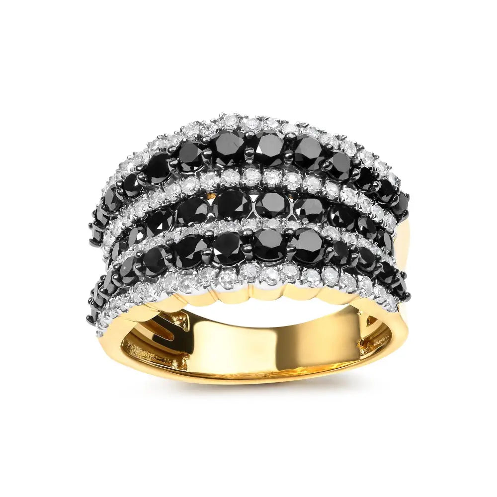 14k Yellow Gold Plated.925 Sterling Silver 1 3/4 Cttw Treated Black and White Alternating Diamond Multi Row Band Ring