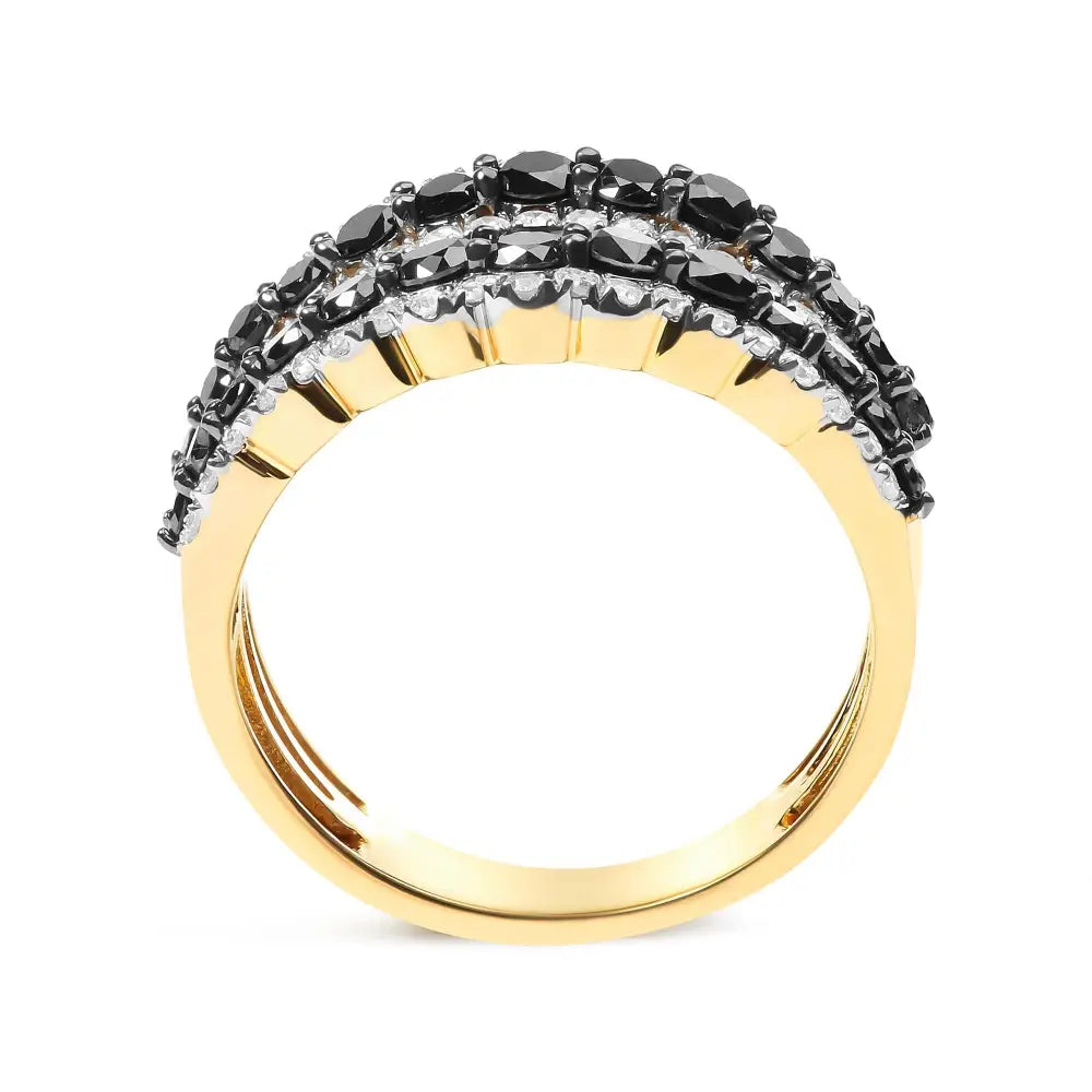 14k Yellow Gold Plated.925 Sterling Silver 1 3/4 Cttw Treated Black and White Alternating Diamond Multi Row Band Ring