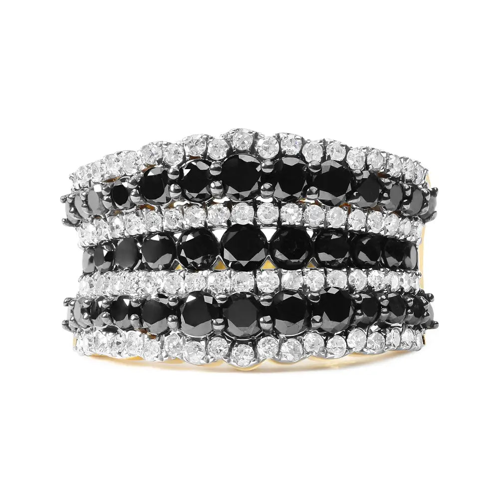 14k Yellow Gold Plated.925 Sterling Silver 1 3/4 Cttw Treated Black and White Alternating Diamond Multi Row Band Ring