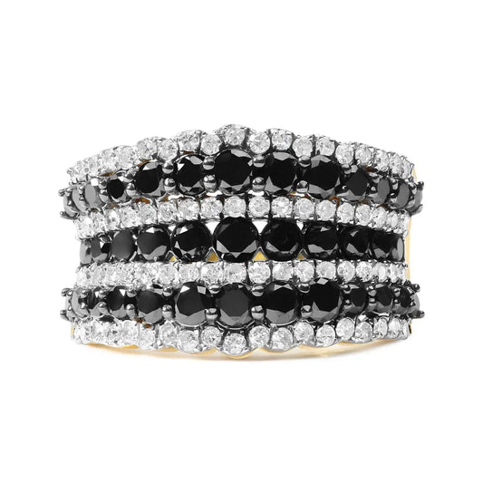 14k Yellow Gold Plated.925 Sterling Silver 1 3/4 Cttw Treated Black and White Alternating Diamond Multi Row Band Ring