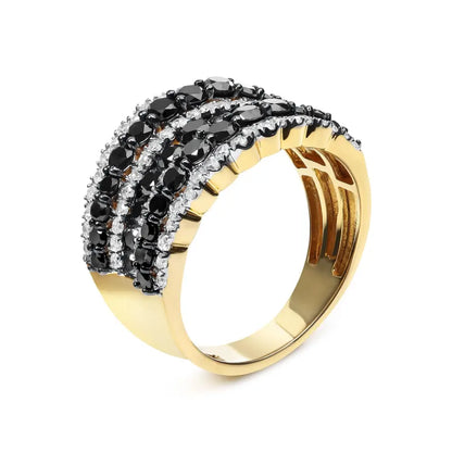 14k Yellow Gold Plated.925 Sterling Silver 1 3/4 Cttw Treated Black and White Alternating Diamond Multi Row Band Ring