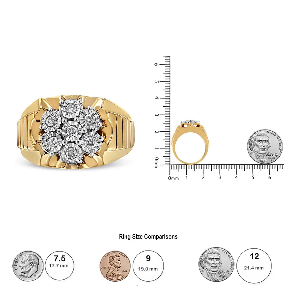 14k Yellow Gold Plated.925 Sterling Silver 1/3 Cttw Miracle-set Floral Diamond Cluster Ring (i-j Color I1-i2 Clarity)