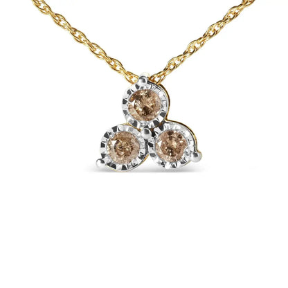 14k Yellow Gold Plated.925 Sterling Silver 1/4 Cttw Diamond 3 Stone Trio 18’’ Pendant Necklace (j-k Color I1-i2