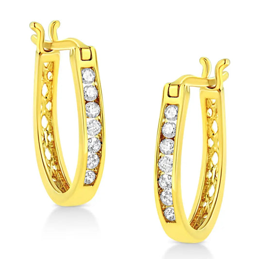 14k Yellow Gold Plated.925 Sterling Silver 1/4 Cttw Diamond Leverback 3/4’’ Inch Hoop Earrings (k-l Color I2-i3