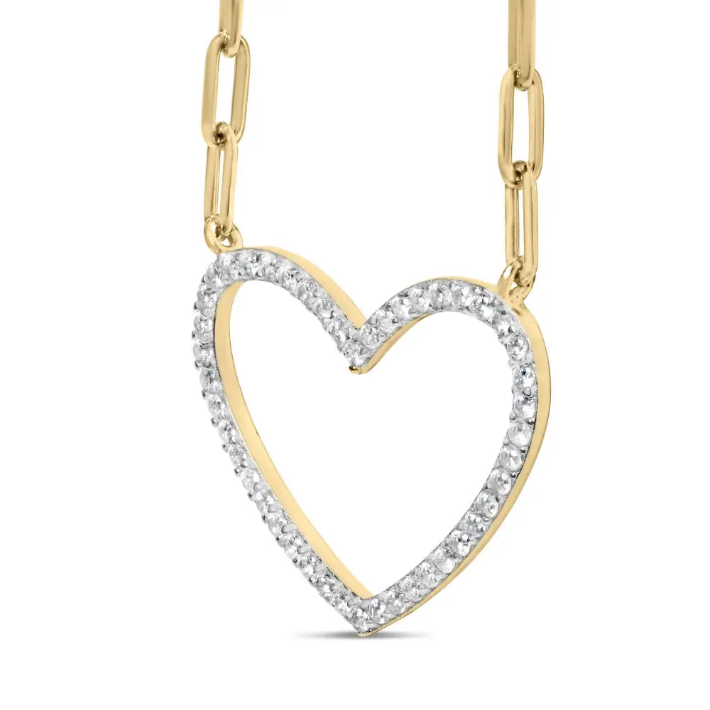 14k Yellow Gold Plated.925 Sterling Silver 1/4 Cttw Diamond Open Heart with Paperclip Chain Pendant Necklace (i-j Color