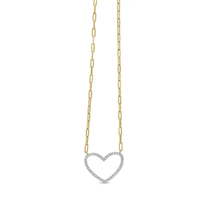 14k Yellow Gold Plated.925 Sterling Silver 1/4 Cttw Diamond Open Heart with Paperclip Chain Pendant Necklace (i-j Color