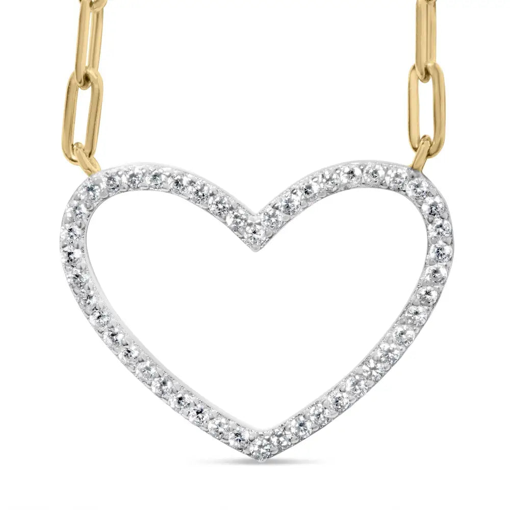 14k Yellow Gold Plated.925 Sterling Silver 1/4 Cttw Diamond Open Heart with Paperclip Chain Pendant Necklace (i-j Color