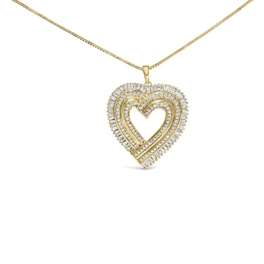 14k Yellow Gold Plated.925 Sterling Silver 1/4 Cttw Round and Baguette-cut Diamond Composite Heart 18’’ Pendant