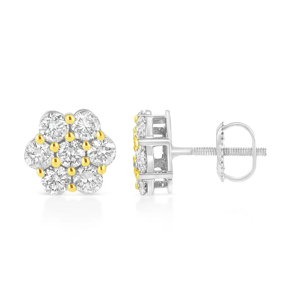 14k Yellow Gold Plated.925 Sterling Silver 1/4 Cttw Round Brilliant Cut Diamond Floral Cluster Screwback Stud Earrings