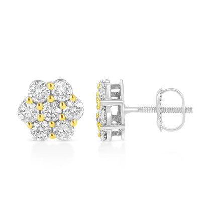 14k Yellow Gold Plated.925 Sterling Silver 1/4 Cttw Round Brilliant Cut Diamond Floral Cluster Screwback Stud Earrings