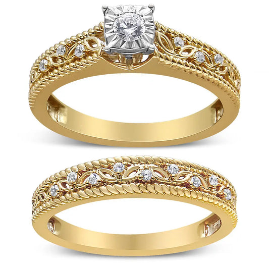 14k Yellow Gold Plated.925 Sterling Silver 1/5 Cttw Diamond Art Deco Style Engagement Ring Bridal Set (i-j Color I3