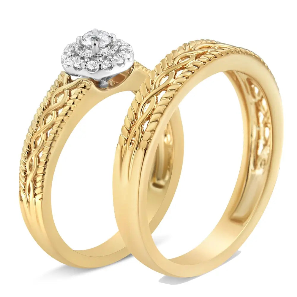 14k Yellow Gold Plated.925 Sterling Silver 1/5 Cttw Diamond Halo Engagement Ring and Wedding Band Set (i-j Color I3