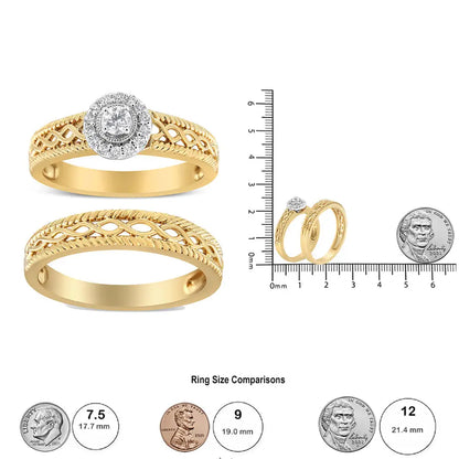 14k Yellow Gold Plated.925 Sterling Silver 1/5 Cttw Diamond Halo Engagement Ring and Wedding Band Set (i-j Color I3