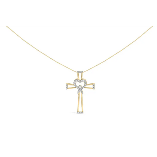 14k Yellow Gold Plated.925 Sterling Silver 1/6 Cttw Diamond Interlocking Heart and Ribbon Cross Pendant Necklace (h-i