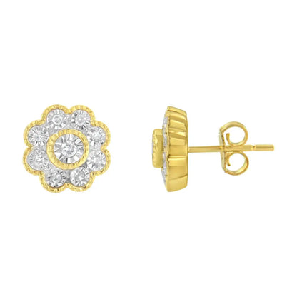 14k Yellow Gold Plated.925 Sterling Silver 1/6 Cttw Miracle-plate Set Diamond Floral Stud Earrings (i-j Color I2-i3