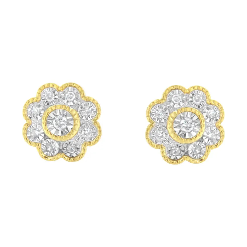 14k Yellow Gold Plated.925 Sterling Silver 1/6 Cttw Miracle-plate Set Diamond Floral Stud Earrings (i-j Color I2-i3