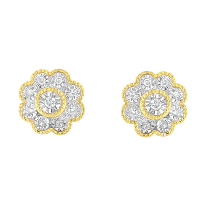 14k Yellow Gold Plated.925 Sterling Silver 1/6 Cttw Miracle-plate Set Diamond Floral Stud Earrings (i-j Color I2-i3