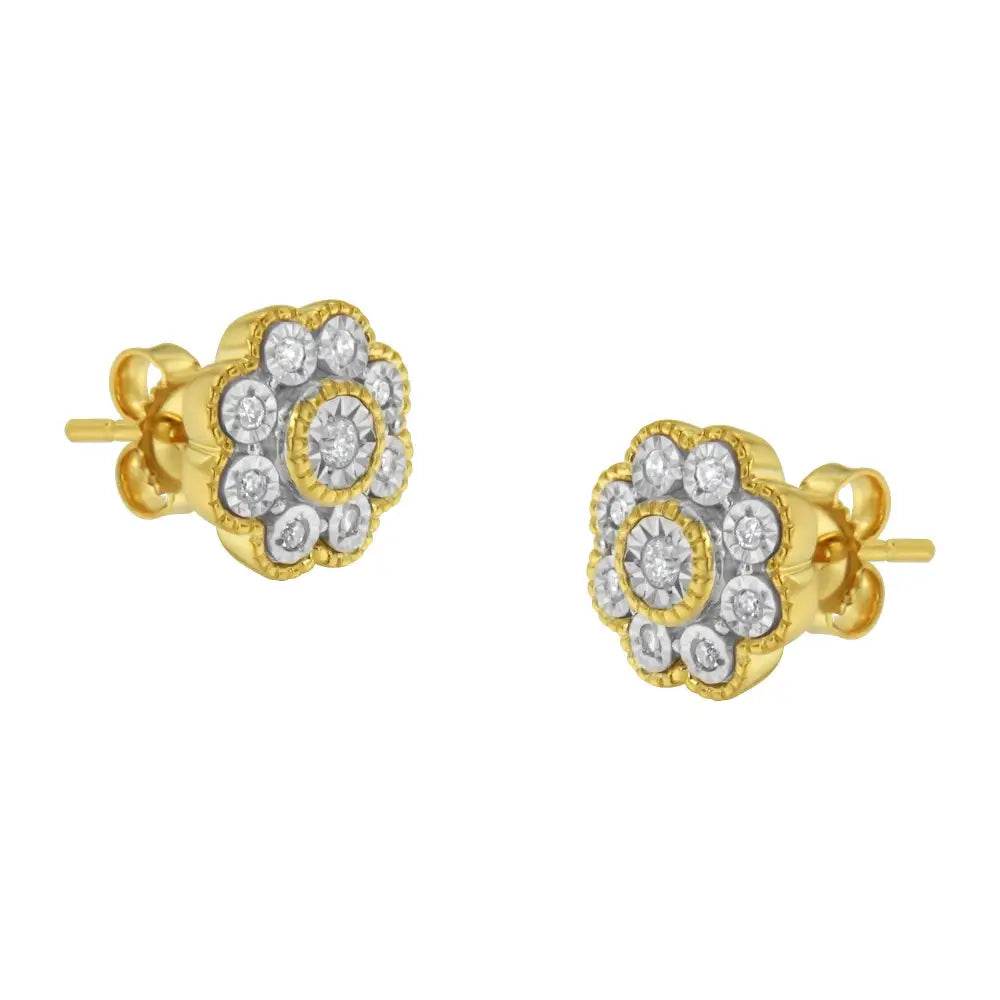 14k Yellow Gold Plated.925 Sterling Silver 1/6 Cttw Miracle-plate Set Diamond Floral Stud Earrings (i-j Color I2-i3