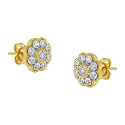 14k Yellow Gold Plated.925 Sterling Silver 1/6 Cttw Miracle-plate Set Diamond Floral Stud Earrings (i-j Color I2-i3