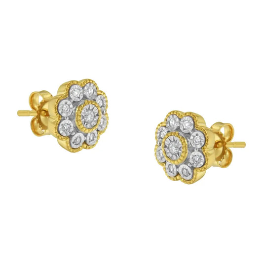 14k Yellow Gold Plated.925 Sterling Silver 1/6 Cttw Miracle-plate Set Diamond Floral Stud Earrings (i-j Color I2-i3