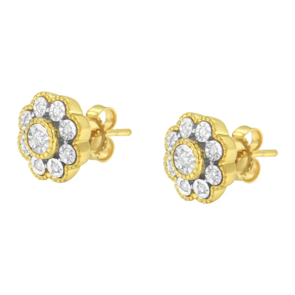 14k Yellow Gold Plated.925 Sterling Silver 1/6 Cttw Miracle-plate Set Diamond Floral Stud Earrings (i-j Color I2-i3