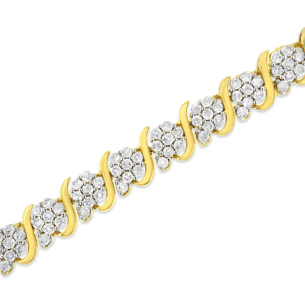 14k Yellow Gold Plated.925 Sterling Silver 3.00 Cttw Diamond Alternating Flower Cluster and ?S’ Link Tennis Bracelet