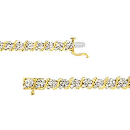 14k Yellow Gold Plated.925 Sterling Silver 3.00 Cttw Diamond Alternating Flower Cluster and ?S’ Link Tennis Bracelet