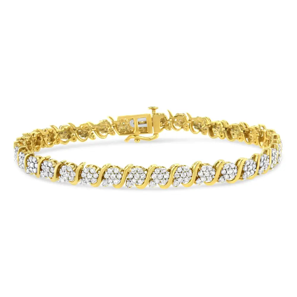 14k Yellow Gold Plated.925 Sterling Silver 3.00 Cttw Diamond Alternating Flower Cluster and ?S’ Link Tennis Bracelet