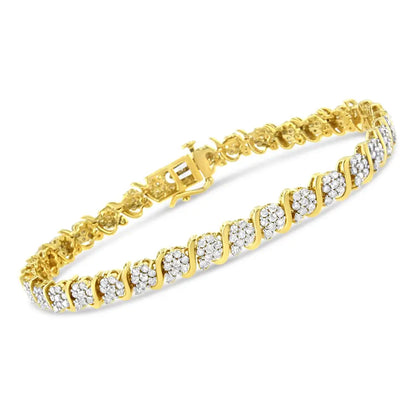 14k Yellow Gold Plated.925 Sterling Silver 3.00 Cttw Diamond Alternating Flower Cluster and ?S’ Link Tennis Bracelet