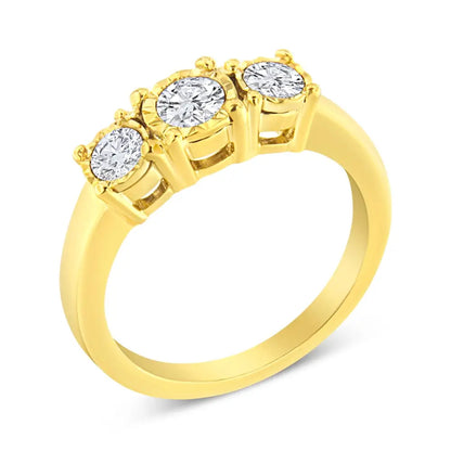 14k Yellow Gold Plated.925 Sterling Silver 3/4 Cttw Diamond Three Stone Illusion Plate Ring (j-k Color I1-i2 Clarity)