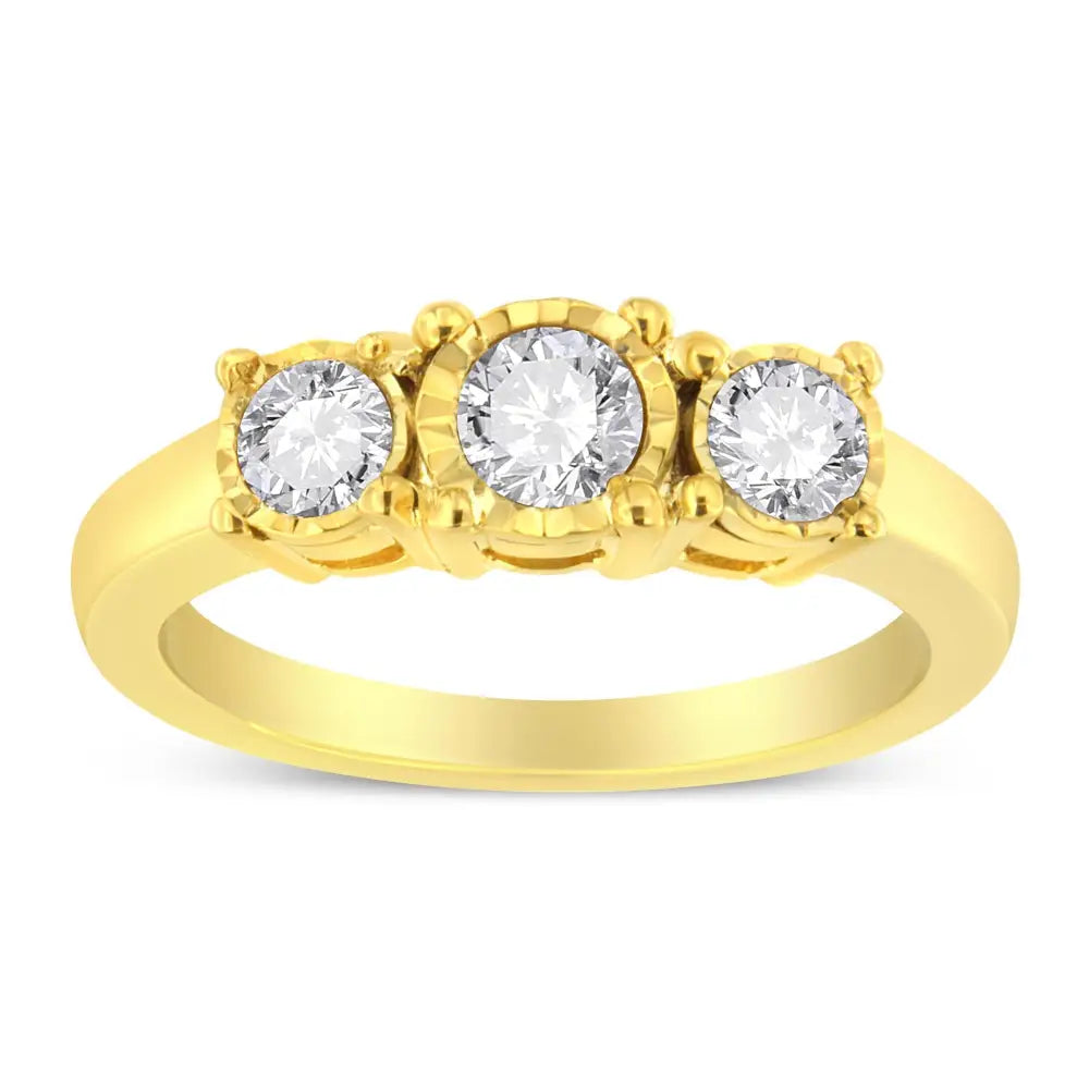 14k Yellow Gold Plated.925 Sterling Silver 3/4 Cttw Diamond Three Stone Illusion Plate Ring (j-k Color I1-i2 Clarity)