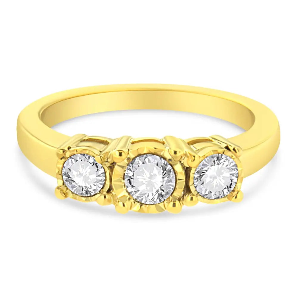 14k Yellow Gold Plated.925 Sterling Silver 3/4 Cttw Diamond Three Stone Illusion Plate Ring (j-k Color I1-i2 Clarity)