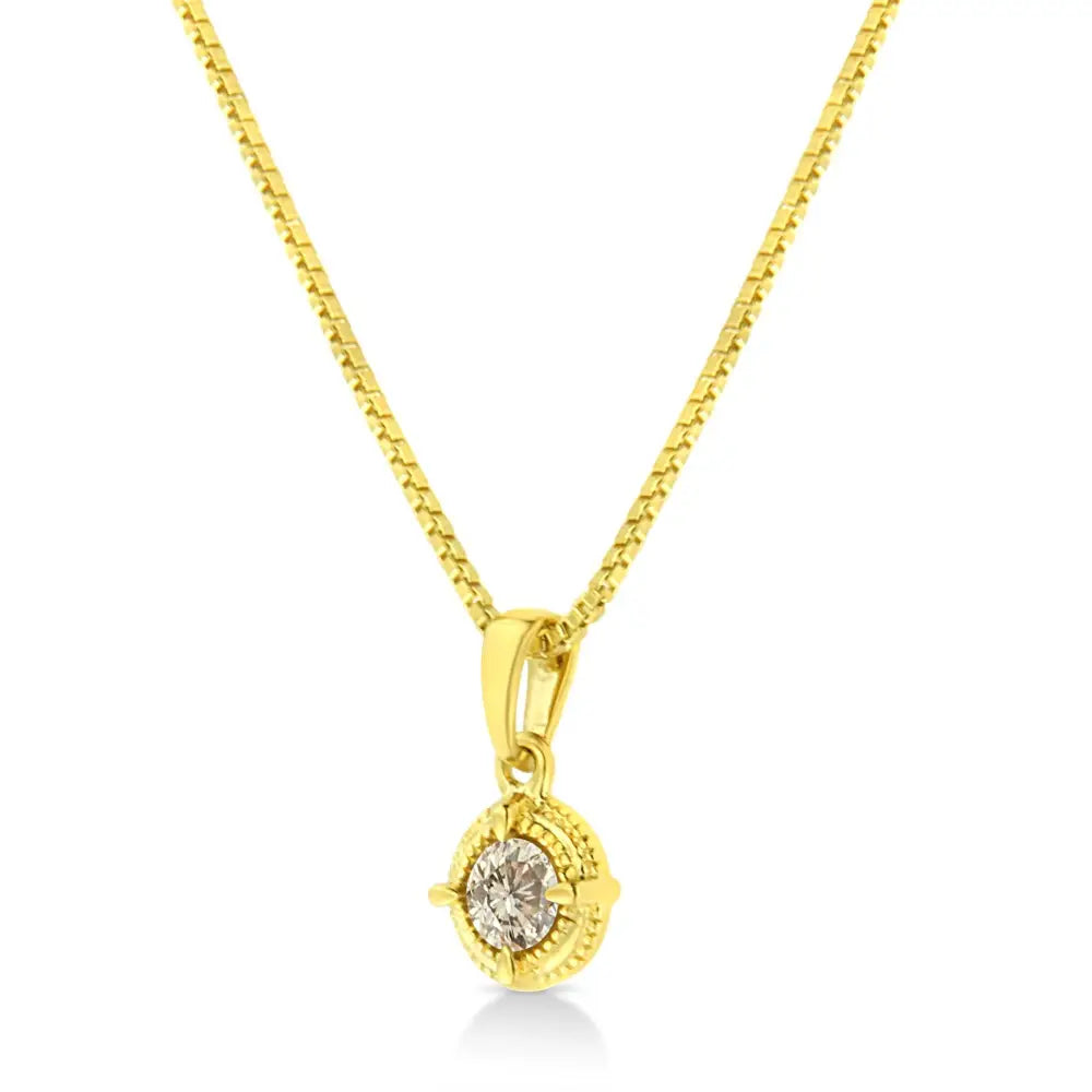 14k Yellow Gold Plated.925 Sterling Silver Brilliant Round Cut Diamond Solitaire Milgrain 18’’ Pendant Necklace