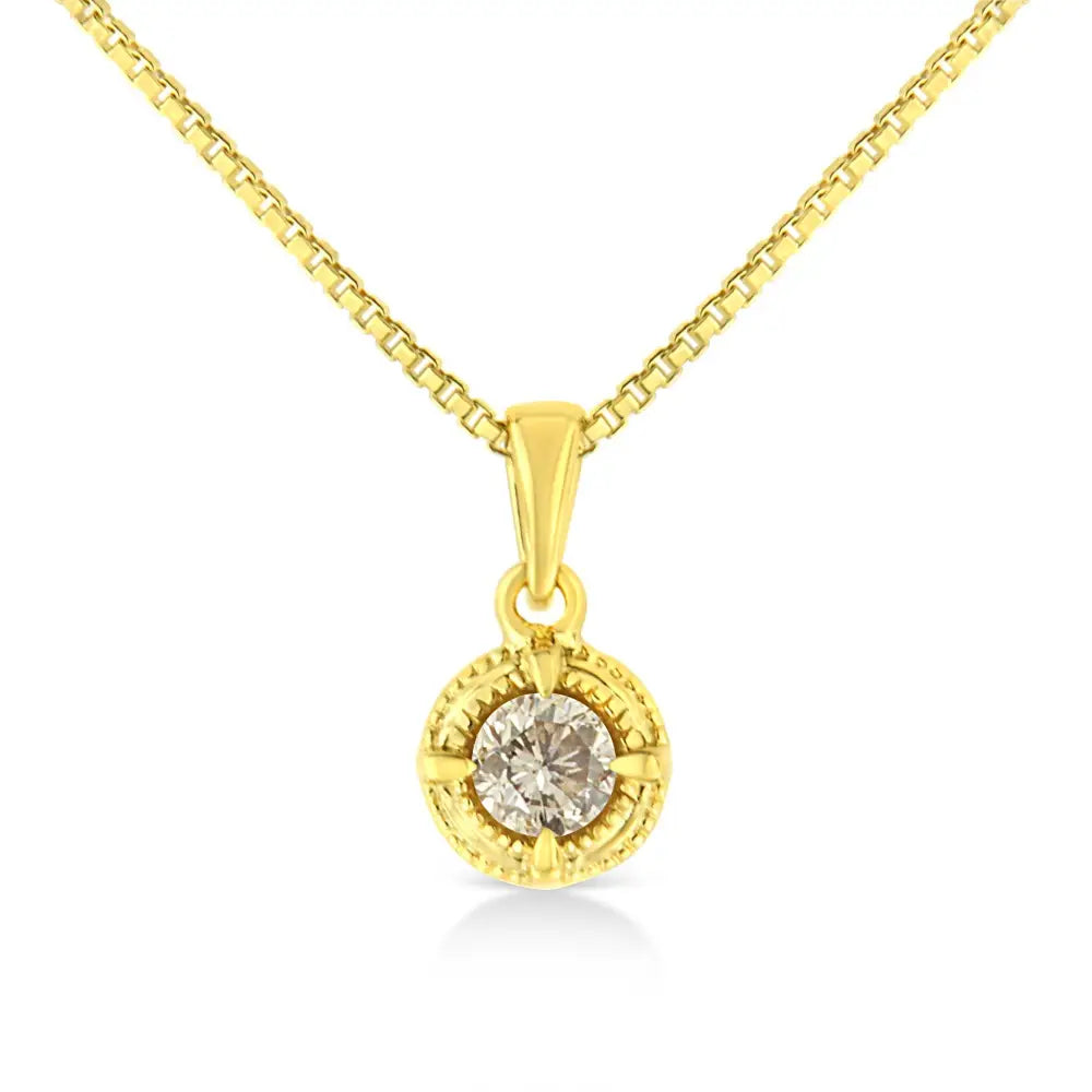 14k Yellow Gold Plated.925 Sterling Silver Brilliant Round Cut Diamond Solitaire Milgrain 18’’ Pendant Necklace