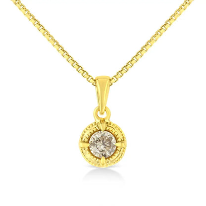 14k Yellow Gold Plated.925 Sterling Silver Brilliant Round Cut Diamond Solitaire Milgrain 18’’ Pendant Necklace