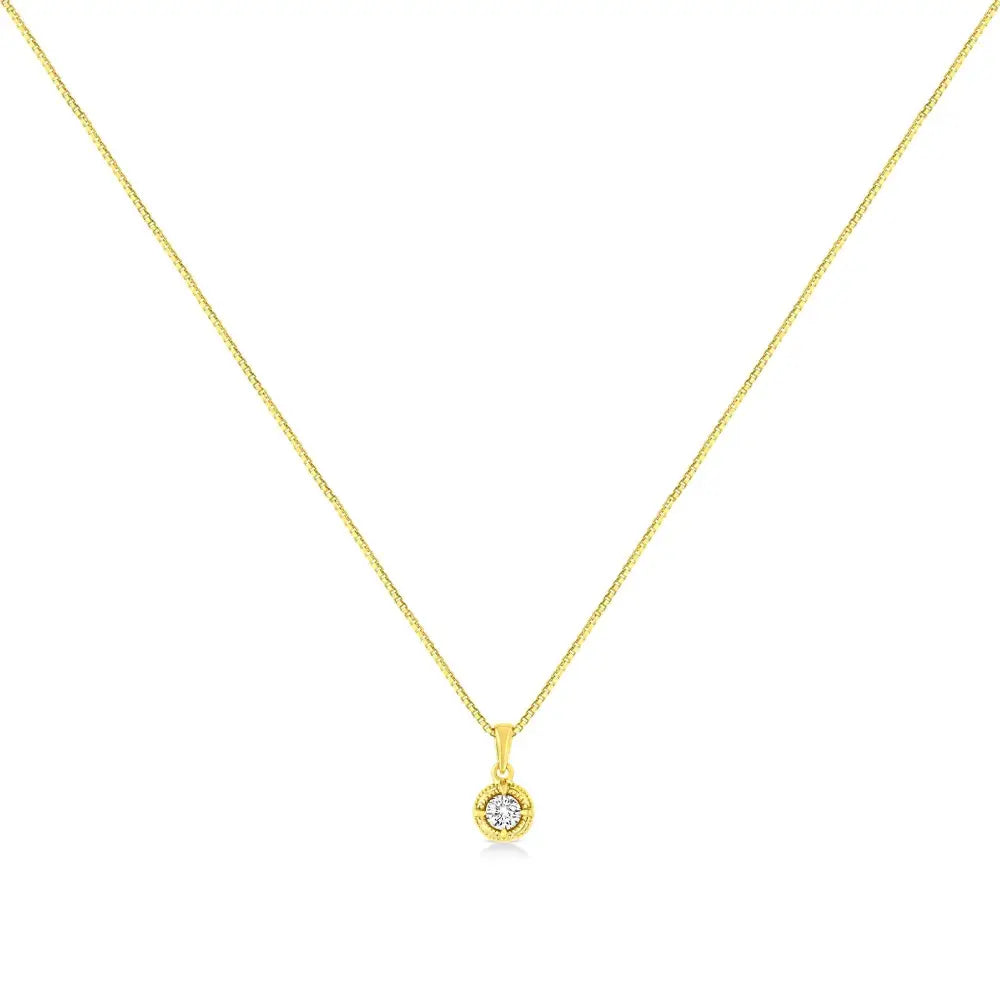 14k Yellow Gold Plated.925 Sterling Silver Brilliant Round Cut Diamond Solitaire Milgrain 18’’ Pendant Necklace