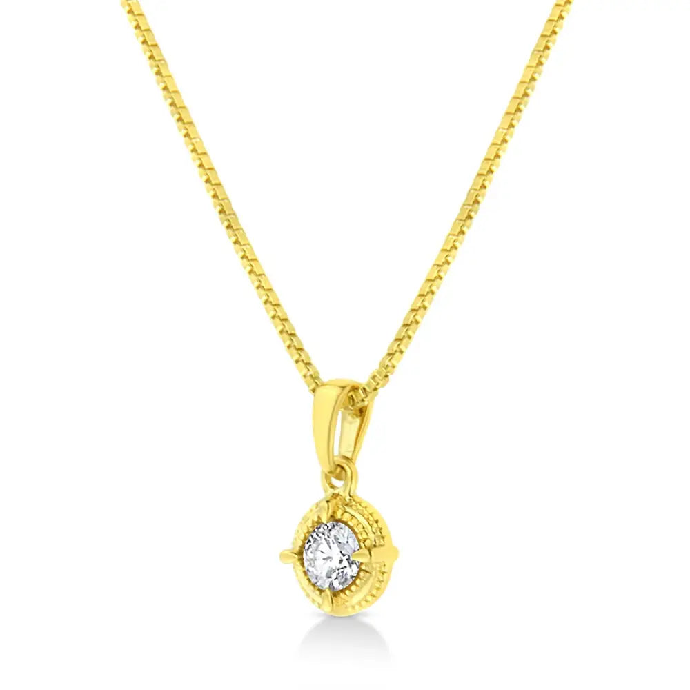 14k Yellow Gold Plated.925 Sterling Silver Brilliant Round Cut Diamond Solitaire Milgrain 18’’ Pendant Necklace