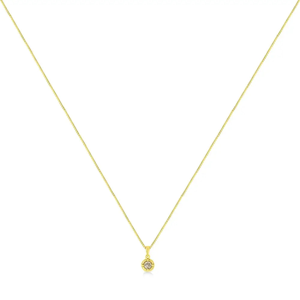 14k Yellow Gold Plated.925 Sterling Silver Brilliant Round Cut Diamond Solitaire Milgrain 18’’ Pendant Necklace