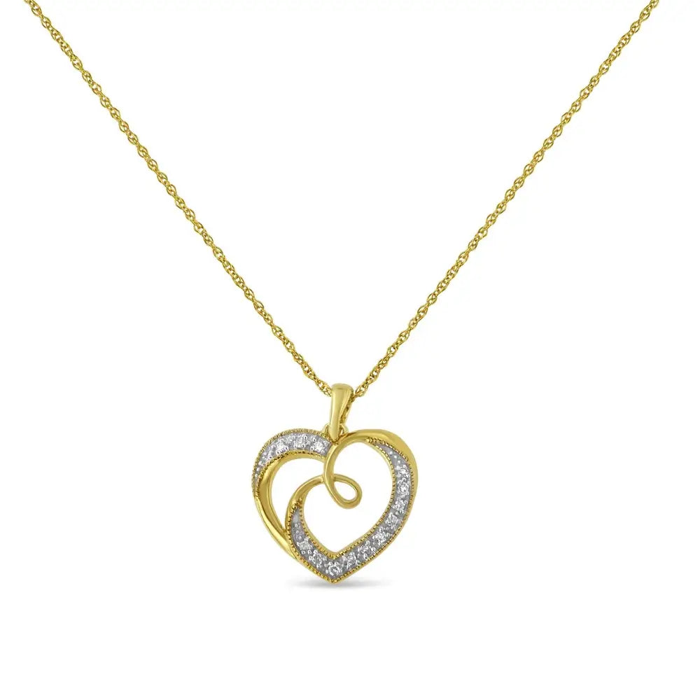 14k Yellow Gold Plated.925 Sterling Silver Diamond Accent Ribbon & Heart 18’’ Pendant Necklace (h-i Color I2-i3