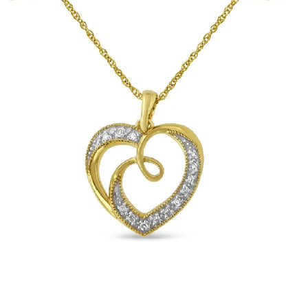 14k Yellow Gold Plated.925 Sterling Silver Diamond Accent Ribbon & Heart 18’’ Pendant Necklace (h-i Color I2-i3