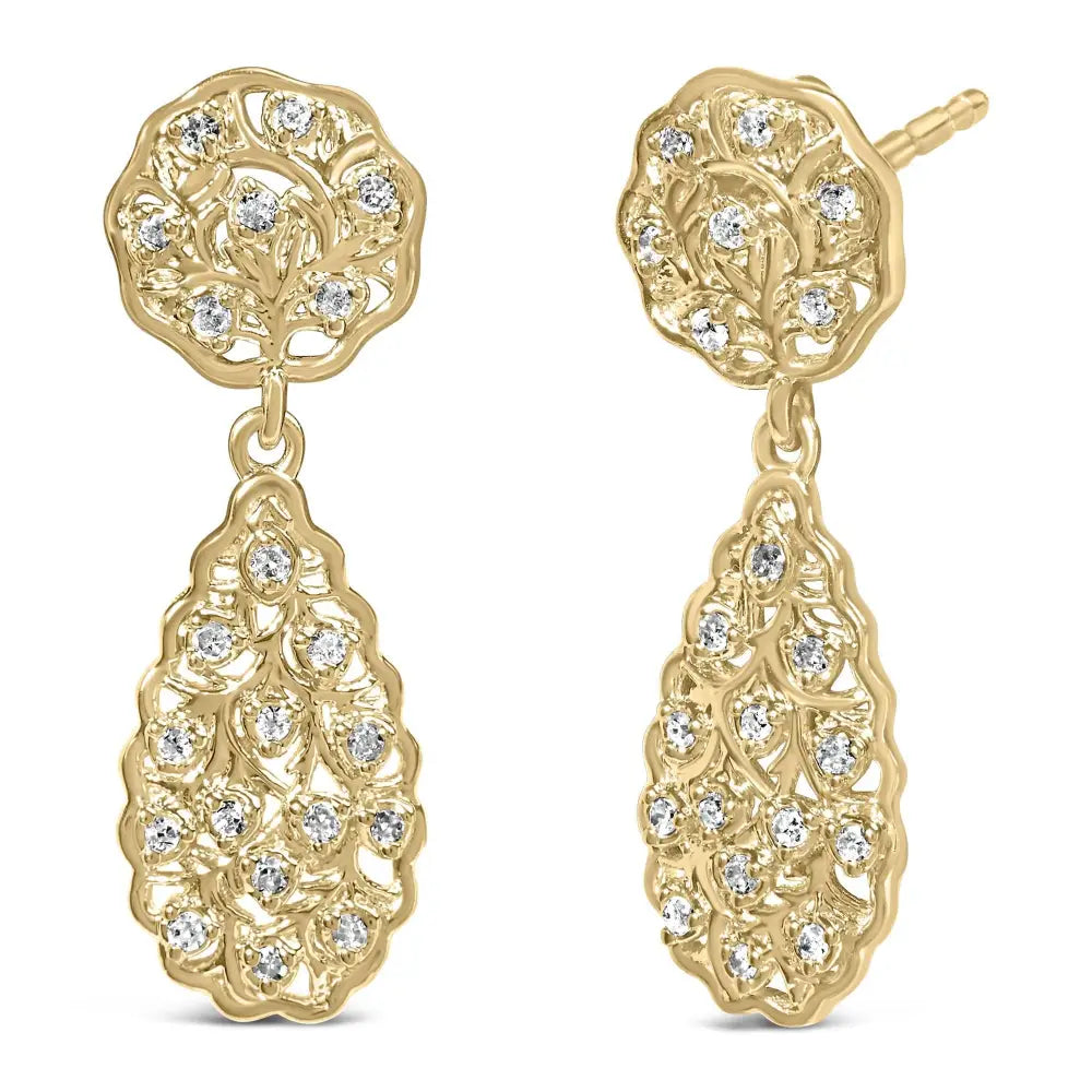 14k Yellow Gold Plated Sterling Silver 1/5 Cttw Diamond Teardrop Filigree Earrings (h-i Color I1-i2 Clarity) - Fine